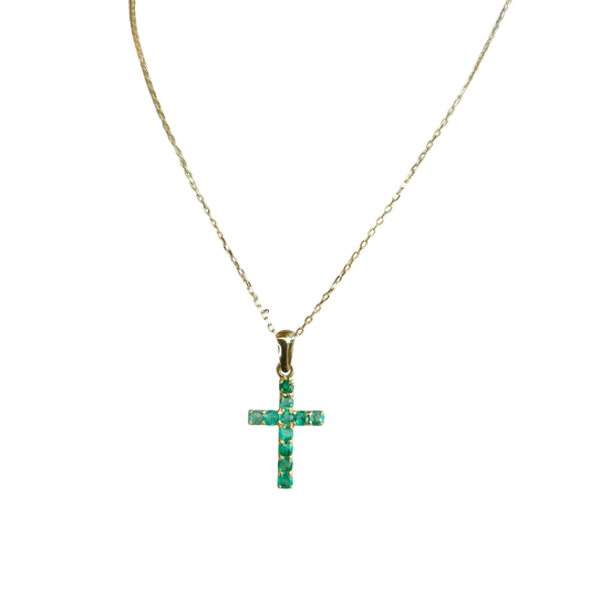 18kt Gold Chain with a cross pendant made of natural Colombian emeralds