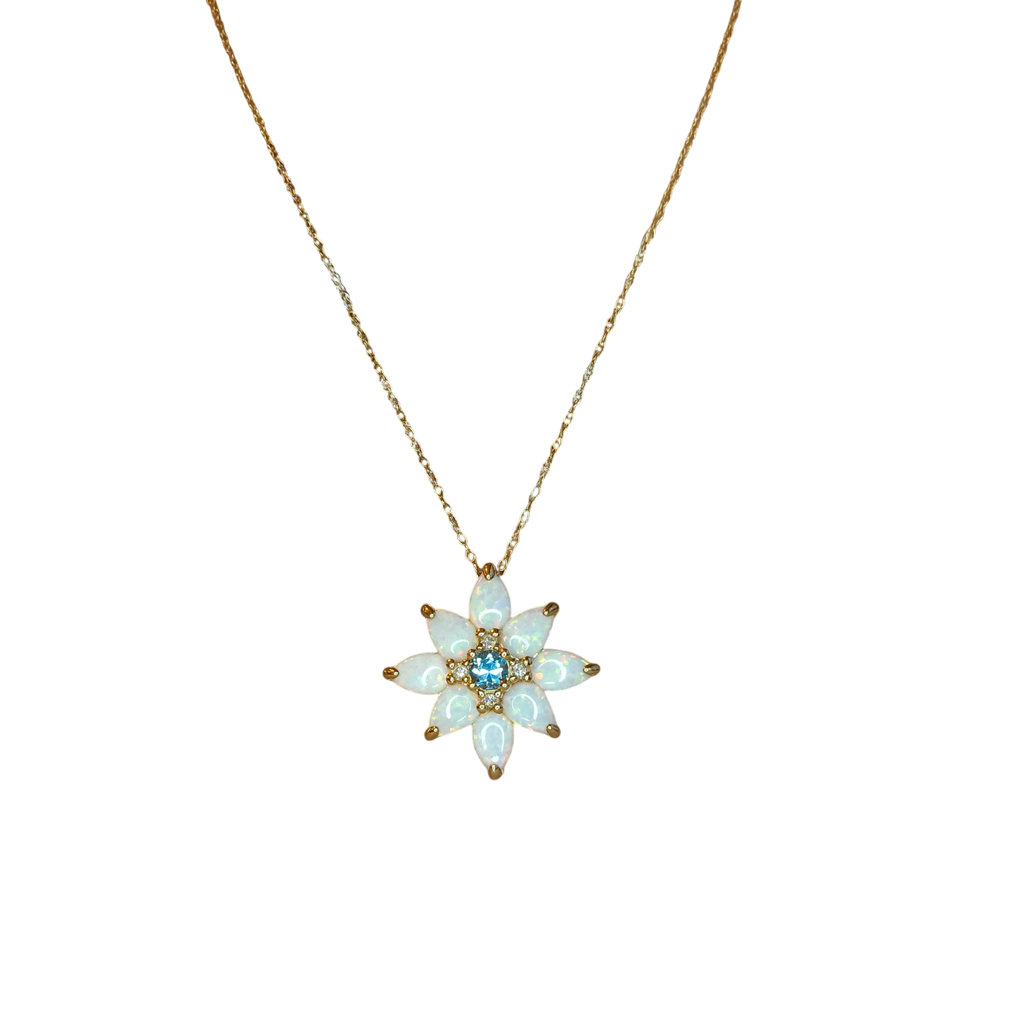 10kt Gold Chain with opal, topaz and natural diamond flower pendant