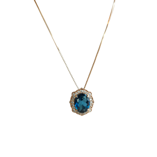 10kt Rose Gold. Chain with London Blue Topaz and Natural Diamond Pendant