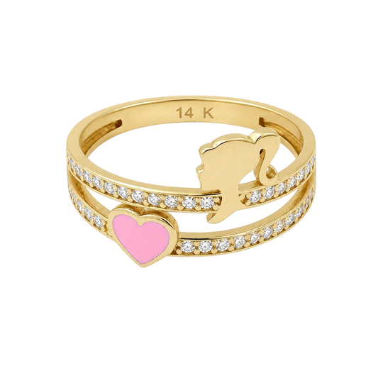 Elda Esther Jewelry 14k gold double-band ring featuring a silhouette, a pink enamel heart, and sparkling cubic zirconia.