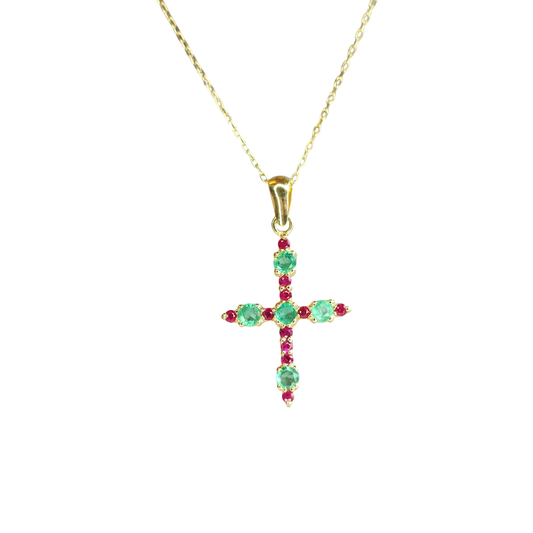 18kt Gold Chain with a cross pendant made of natural Colombian emeralds and natural rubies