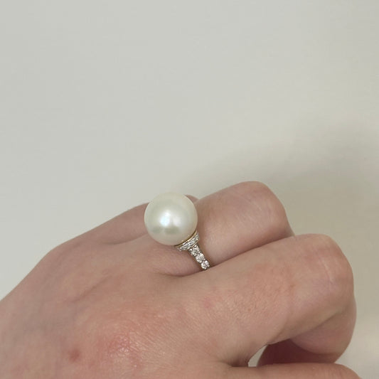 ORO 14KT Anillo Perla natura y Diamante Natural